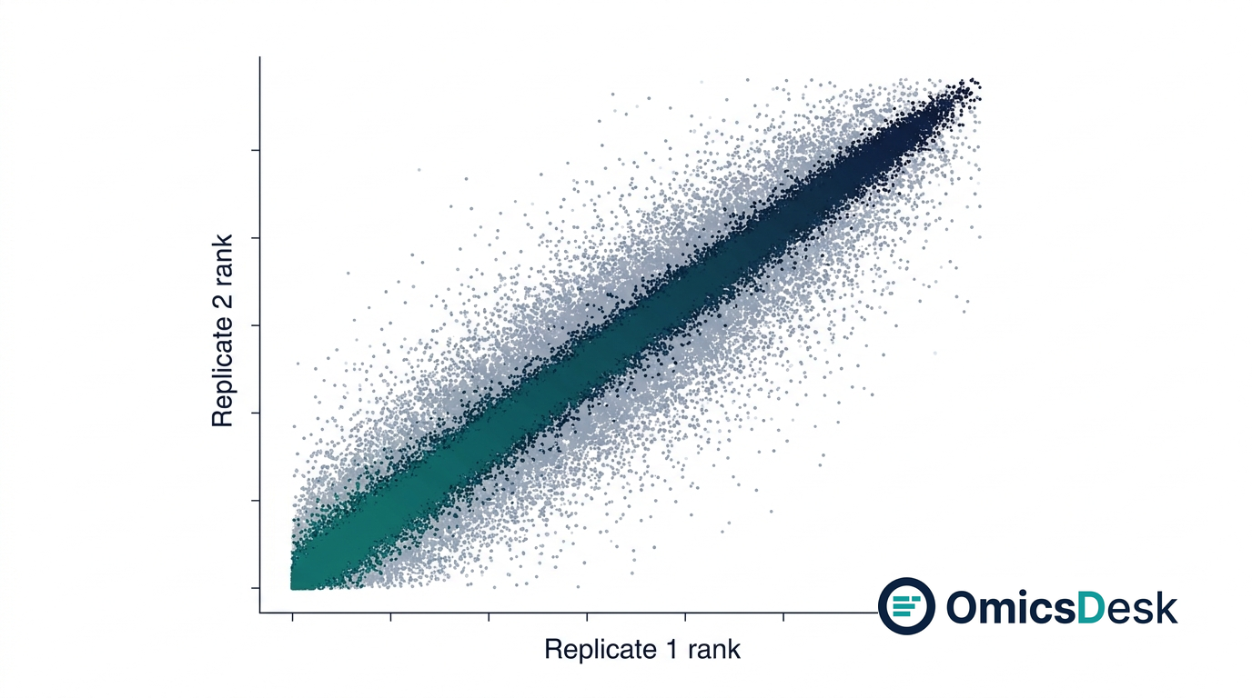An IDR rank-rank scatter plot showing a tight diagonal of reproducible ChIP-seq peaks in teal and a diffuse noise cloud in slate, on a white background with ink-navy axis labels.