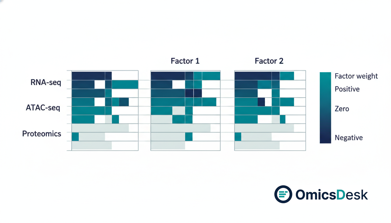 A factor-weight heatmap showing RNA-seq, ATAC-seq, and proteomics features loading on two MOFA2 latent factors, rendered in the OmicsDesk teal-to-ink gradient on a clean white background.