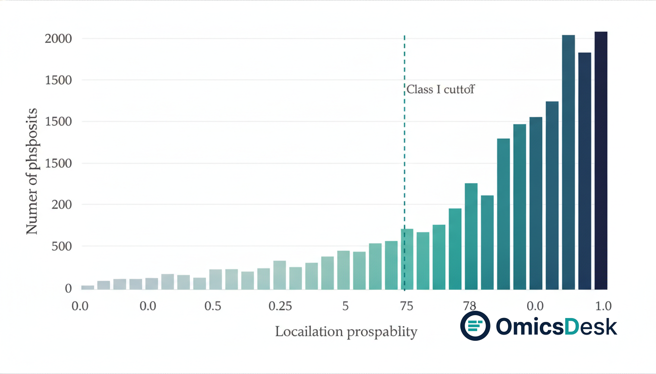 Distribution of localization probability scores in a DDA phosphoproteomics dataset, with a threshold line at 0.75 marking the Class I cutoff