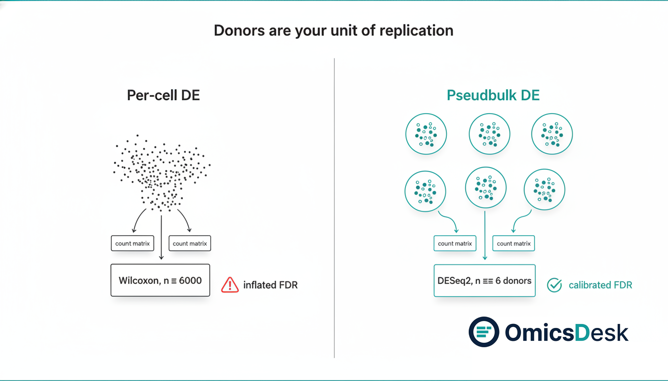 Side-by-side schematic: per-cell DE with inflated n of 3000 cells vs pseudobulk DE with n of 6 donors per group and a well-calibrated FDR.